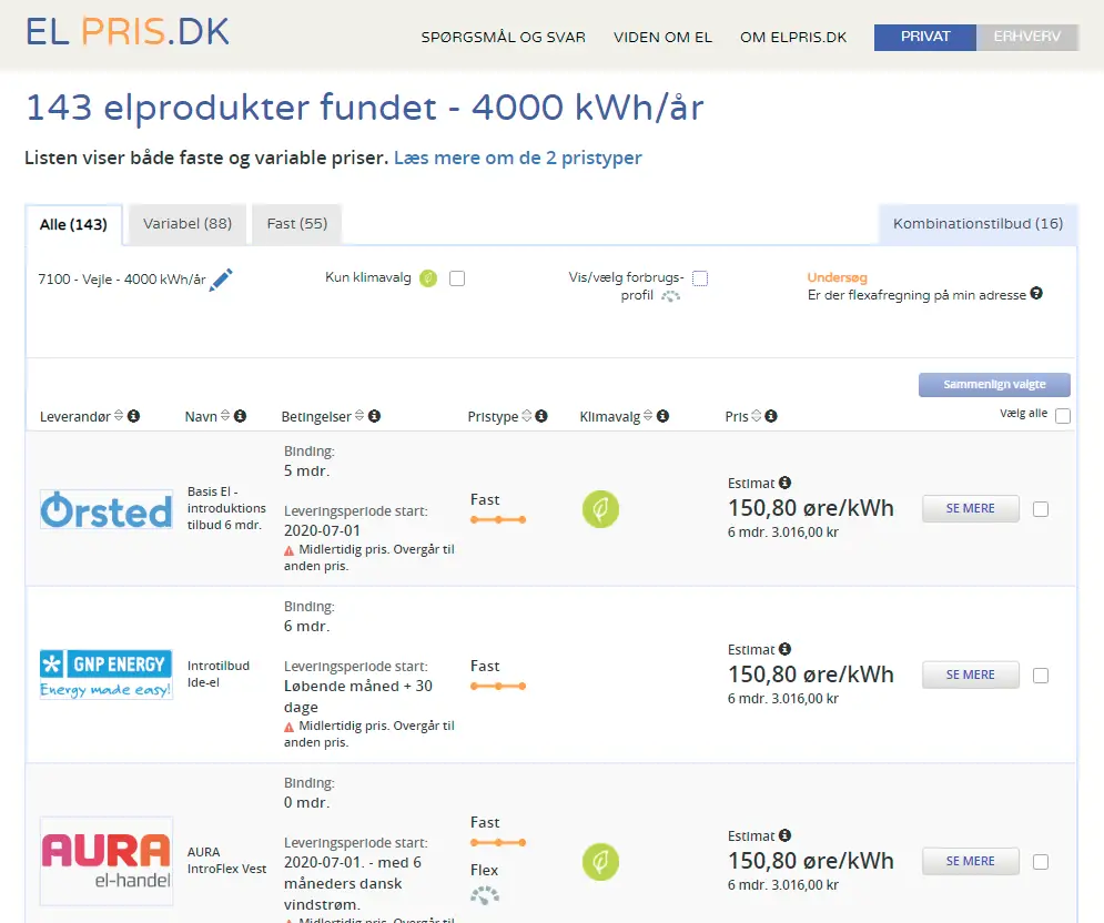 søging på elpris.dk og billigt elselskab